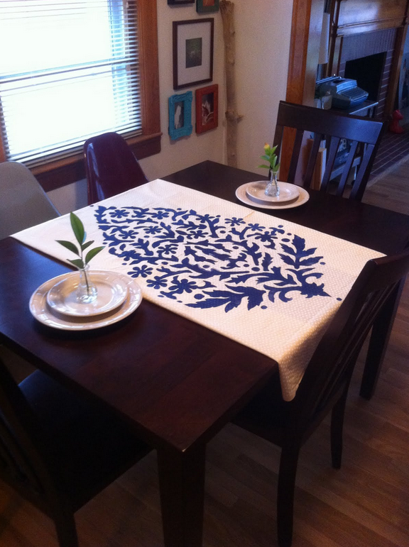 DIY stenciled table cloth for home decor