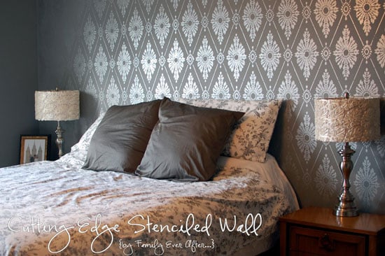 Damask stencil for bedroom feature wall