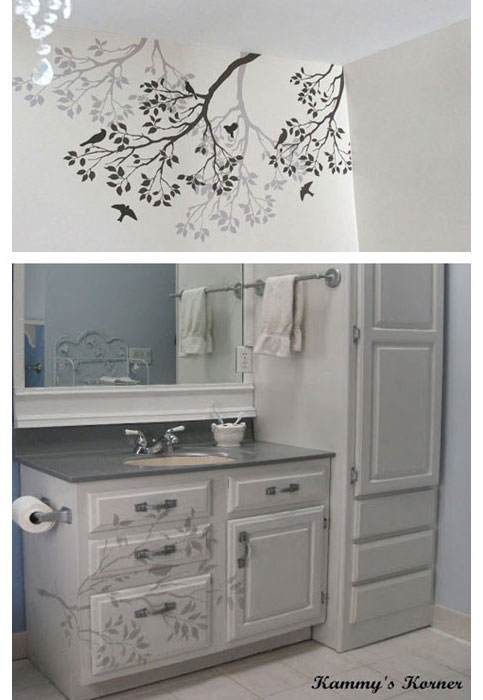 Gorgeous Spring Songbirds Stencil used in a corner and on a cabinet