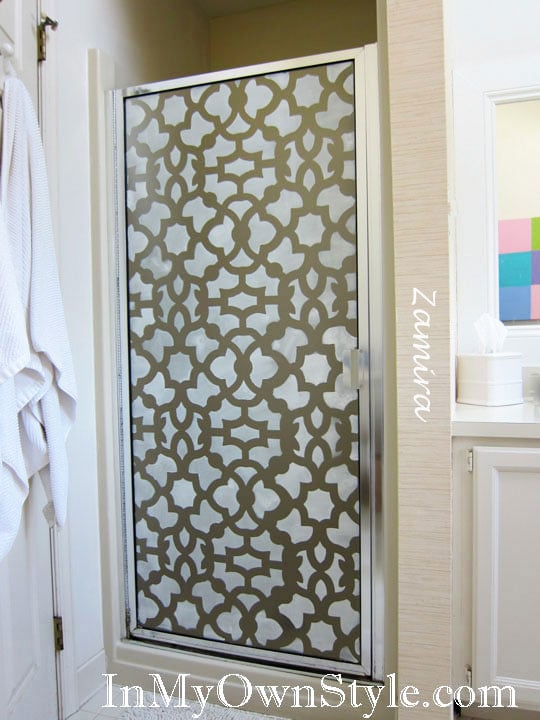 stenciled glass shower door with Zamira Stencil