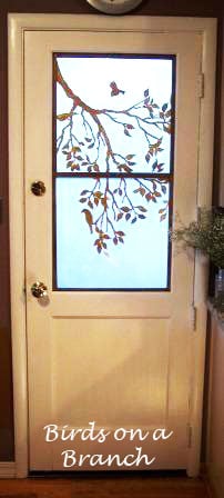 glass door stenciled with Birds on a Branch Stencil