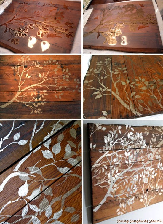 Stenciling Wood Wall Art with Cutting Edge Stencils Spring Songbirds