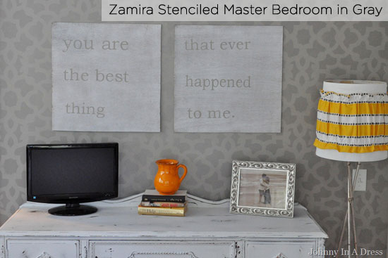 Sophisticated gray bedroom stenciled with CEStencils' Zamira pattern