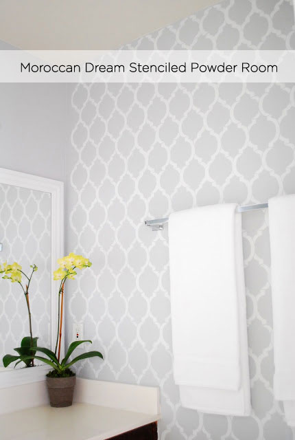 Painting your powder room with CEStencils Moroccan Dream and gray paint!