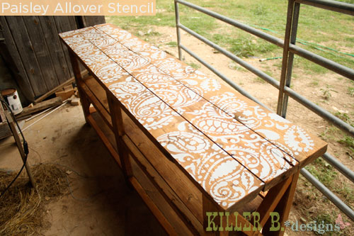 Stenciled outdoor high-top table with Cutting Edge Stencils' Paisley Allover design