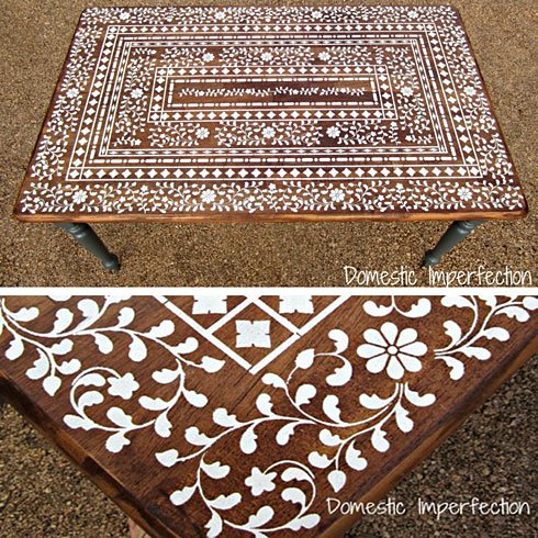 Stenciled Indian Inlay table top from Domestic Imperfections (stencil from Cutting Edge Stencils)