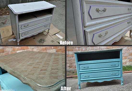 Before/After of a dresser painted with CEStencils Nayoga Stencil