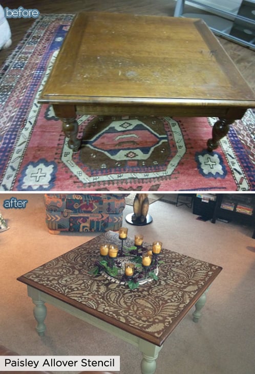 Turn a flea market find like this coffee table into a designer piece using the paisley allover stencil from Cutting Edge Stencils.