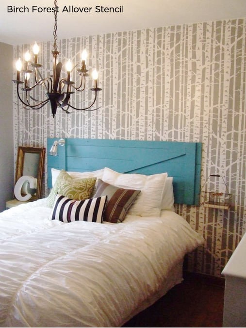 Beautiful Bedroom! Love the birch forest stencil used on the accent wall and the pop of turquoise with the headboard.