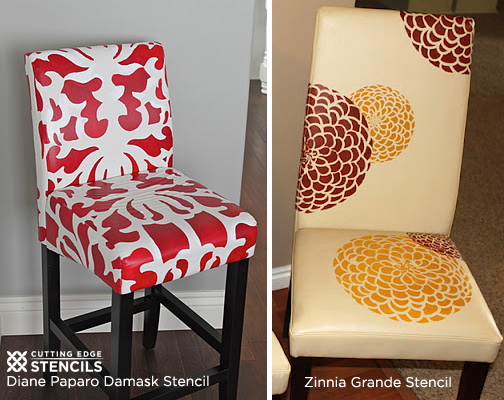 Spruce up old chairsby painting stencils using either the  Diane Papalos Damask and Zinnia Grande Stencil Chairs