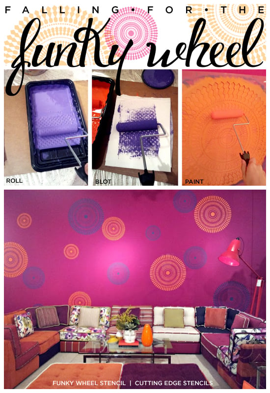 Wow What a room transformation using the Funky Wheel Wall Stencil from Cutting Edge Stencils.