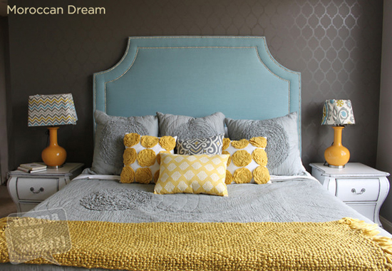 Dreamy looking bedroom uses two different paint sheens (flat and high gloss) to make a simple Moroccan Dream Stencil from Cutting Edge Stencils.