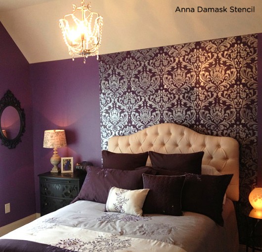 Love this! Deep Purple bedroom uses the Anna Damask Stencil as an accent to accentuate the headboard.