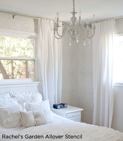 All White heavenly bedroom idea using the Rachel's Garden Stencil to add some elegance and depth to the white walls!