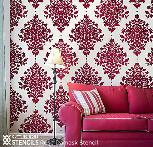 This Rose Damask stencil from Cutting Edge Stencils looks like elegent wallpaper using a deep red.