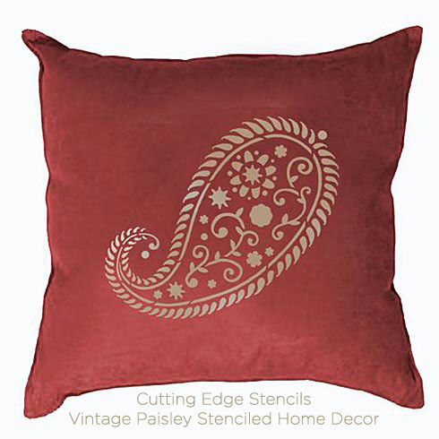 Adorable throw pillow stenciled with Cutting Edge Stencils' Vintage Paisley design