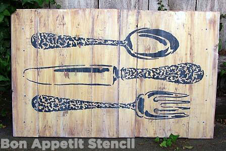 Stenciled wood wall art using Cutting Edge Stencils' Bon Appetit Stencil