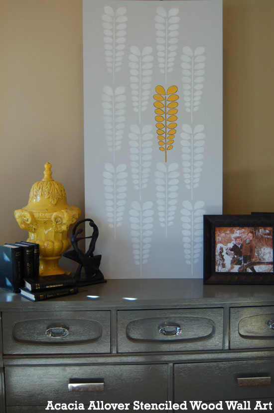 Stenciling wood wall art with Cutting Edge Stencils' Acacia Allover pattern