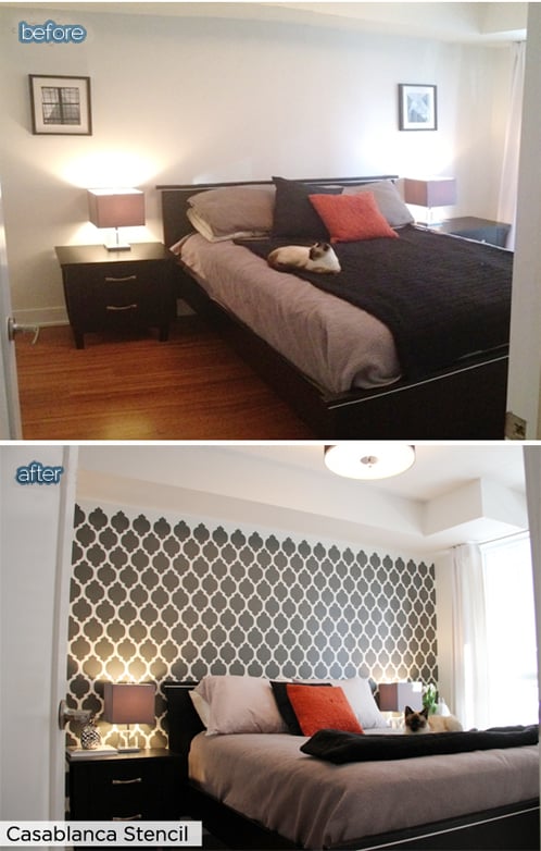 Before and After pictures showing how amazing the Casablanca stencil by Cutting Edge Stencil can make an accent wall look in a bedroom