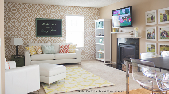 Beautiful family room! Love the subtle Zamira stencil as an accent to this living space.