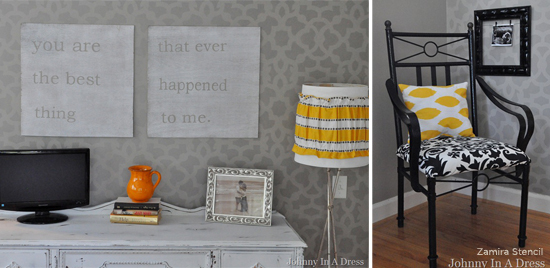 A very subtle use of the Zamira stencil using various shades of gray.