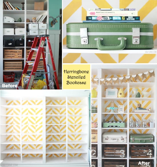 Lolly Jane made over her bookcase in her craft room using the new Herringbone stencil from Cutting Edge Stencils