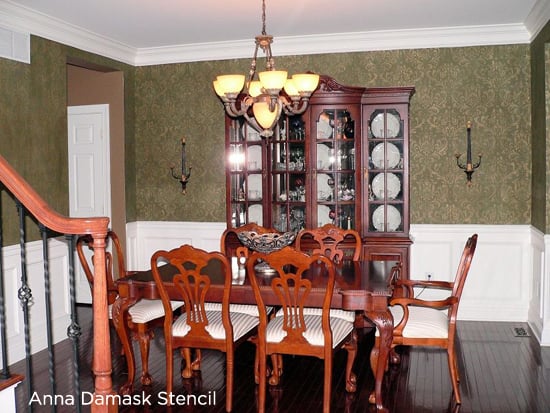 Stunning dining room stenciled with the Anna Damask stencil gives it the perfect traditional look.