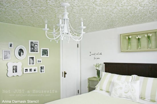 Stunning green bedroom features an Anna Damask Stenciled ceiling. Stencil from Cutting Edge Stencils. http://www.cuttingedgestencils.com/damask-stencil.html
