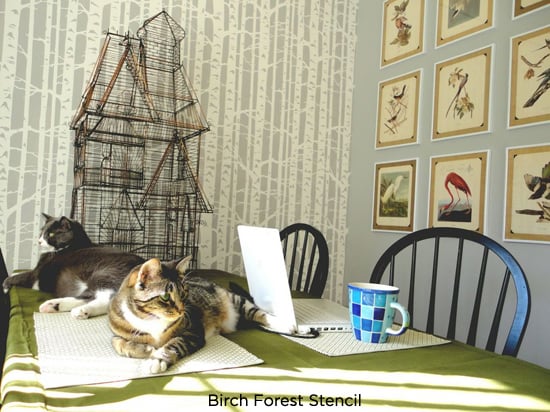 Lovely accent wall uses the Birch Forest Stencil from Cutting Edge Stencils. http://www.cuttingedgestencils.com/allover-stencil-birch-forest.html