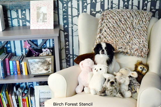 Adorable Birch Forest Stencil used in this nursery features this lovely little pooch! http://www.cuttingedgestencils.com/allover-stencil-birch-forest.html