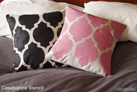 Adorable way to recycle old or tacky pillows with the Casablanca stencil from Cutting Edge Stencils.