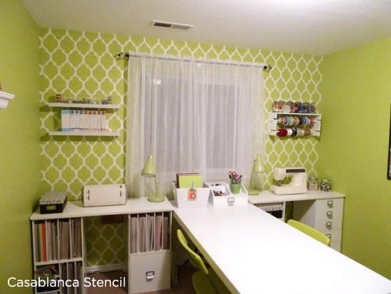 Bright and Cheery craft room has been stenciled with the Casablanca Stencil, the most popular Moroccan Stencil from Cutting Edge Stencils. http://www.cuttingedgestencils.com/allover-stencils.html