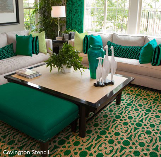 This emerald colored rug has been stenciled withthe Covington Stencil by Cutting Edge Stencils. http://www.cuttingedgestencils.com/stencil-stencils-covington.html