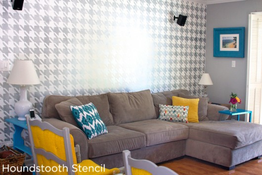 Amazing accent wall using the Houndstooth Stencil design in a high gloss finish in the family room.