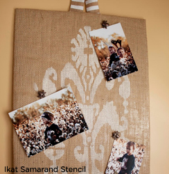 A great idea for wall decor is to create a memory board using the Ikat Samarand Stencil from Cutting Edge STencils.