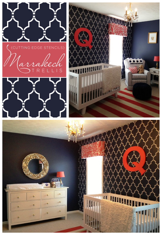 Beautiful Marrakech Trellis stenciled nursery idea that would work for either a girl or boy because of it's bold color choice and pattern design. http://www.cuttingedgestencils.com/moroccan-stencil-marrakech.html