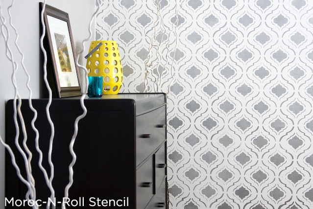 Love this bedroom accent wall using the Moroc-n-Roll Stencil from Cutting Edge Stencils in tones of gray!