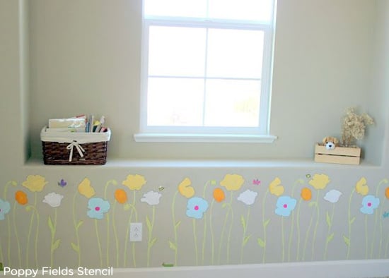 Sweet! Adding a floral touch using the Poppy Field Stencil from Cutting Edge Stencils to this little girl's room. http://www.cuttingedgestencils.com/flower-stencils-poppy.html