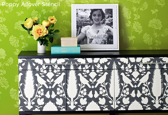 Energetic green stenciled wall idea uses the Poppy Allover Stencil from Cutting Edge Stencils. http://www.cuttingedgestencils.com/allover-wall-stencil.html