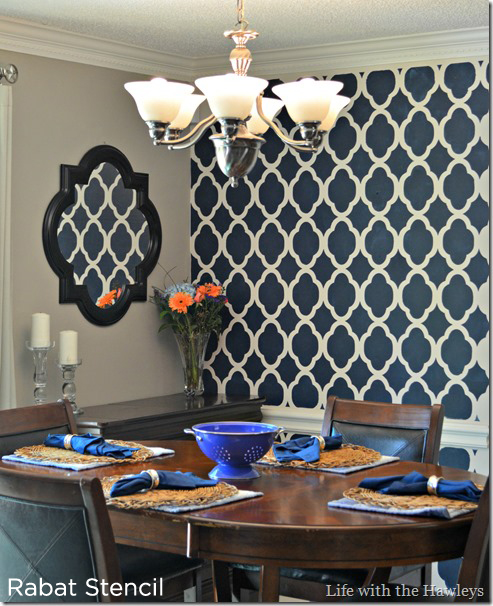 Gorgeous blue dining room uses the Rabat Stencil from Cutting Edge Stencils. http://www.cuttingedgestencils.com/moroccan-stencil-pattern-3.html