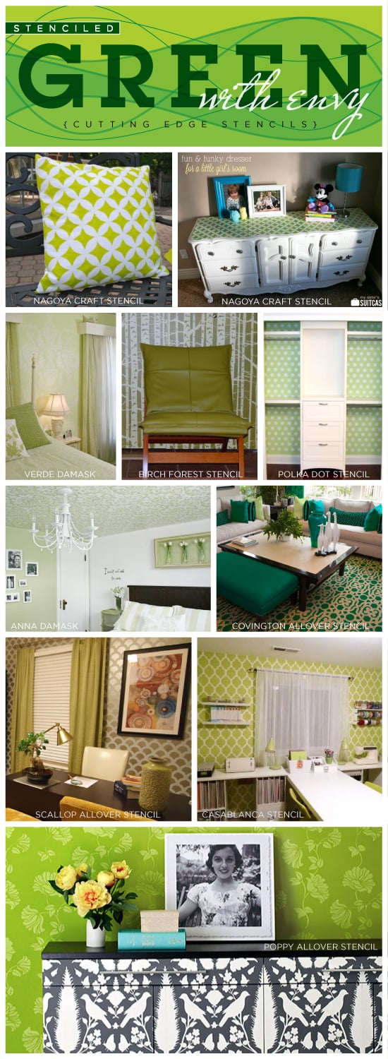 Ten Amazing green DIY Stencil Ideas for your home decor including walls and crafts. www.cuttingedgestencils.com