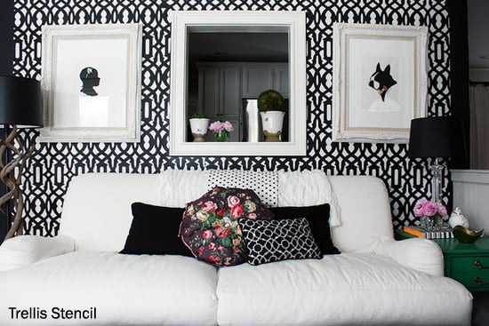 Bold black and white living room uses the Trellis Allover Stencil from Cutting Edge Stencils. http://www.cuttingedgestencils.com/allover-stencil.html