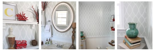 Love this soft gray and white Zagora Stenciled powder room idea! 