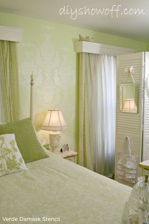 Beautiful green bedroom uses the Verde Damask stencil from Cutting Edge Stencils. http://www.cuttingedgestencils.com/damask-stencil-wallpaper.html