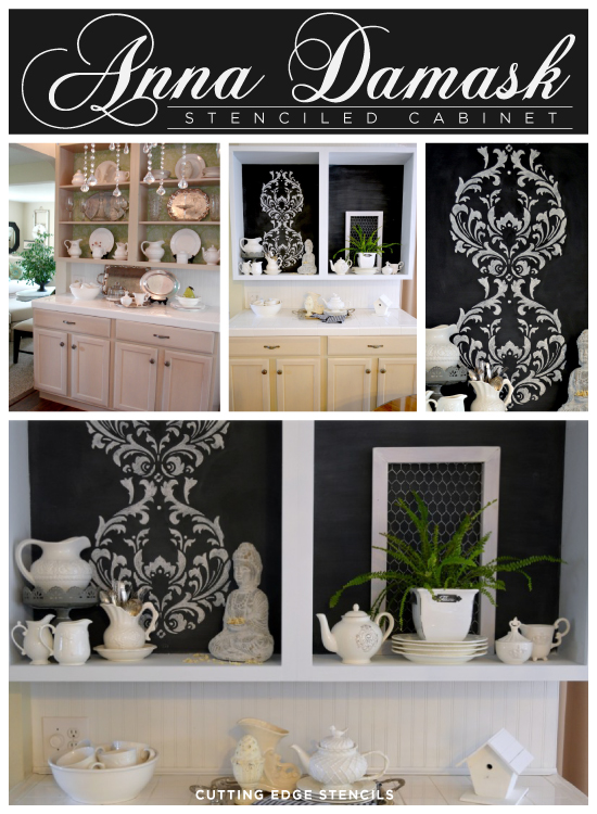 So clever, using the anna damask stencil by Cutting Edge Stencils to redo this kitchen cabinet. http://www.cuttingedgestencils.com/damask-stencil.html