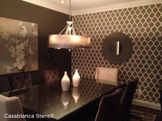 Stunning and elegant dining room stenciled with the Casablanca Stencil from Cutting Edge Stencils.
