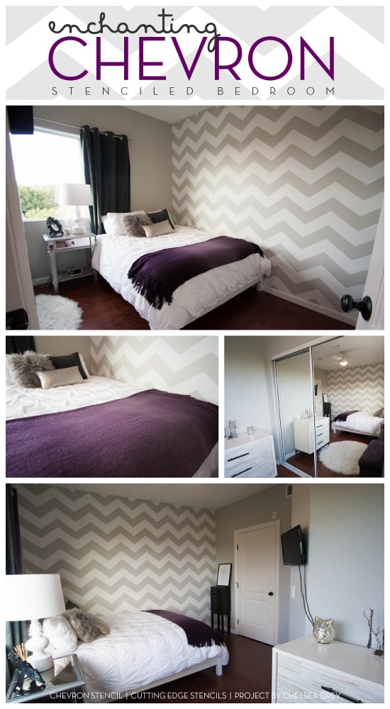 Love this! Beautiful chevron stenciled bedroom idea. The chevron striped pattern makes the accent wall pop