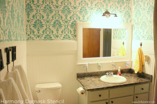 An affordable DIY bathroom makeover using the Harmony Damask Stencil by Cutting Edge Stencils. http://www.cuttingedgestencils.com/acanthus-damask-stencil.htm