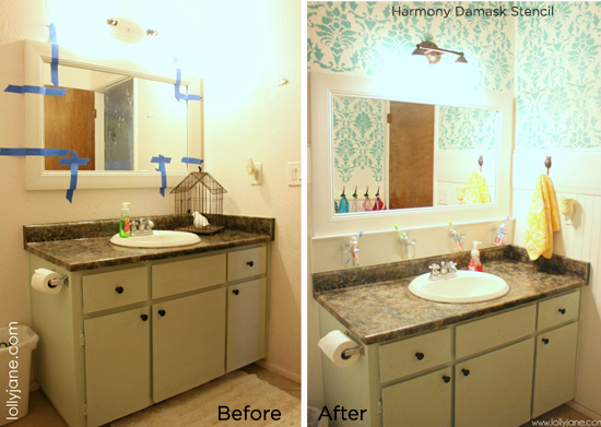 Stunning! The harmony damask stencil by Cutting Edge Stencils is simply stunning in this diy bathroom makeover.  http://www.cuttingedgestencils.com/acanthus-damask-stencil.html
