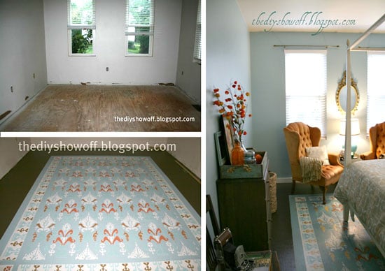 A gorgeous DIY rug idea that uses the Ikat Samarkand stencil by Cutting Edge Stencils in blue to enliven this bedroom.